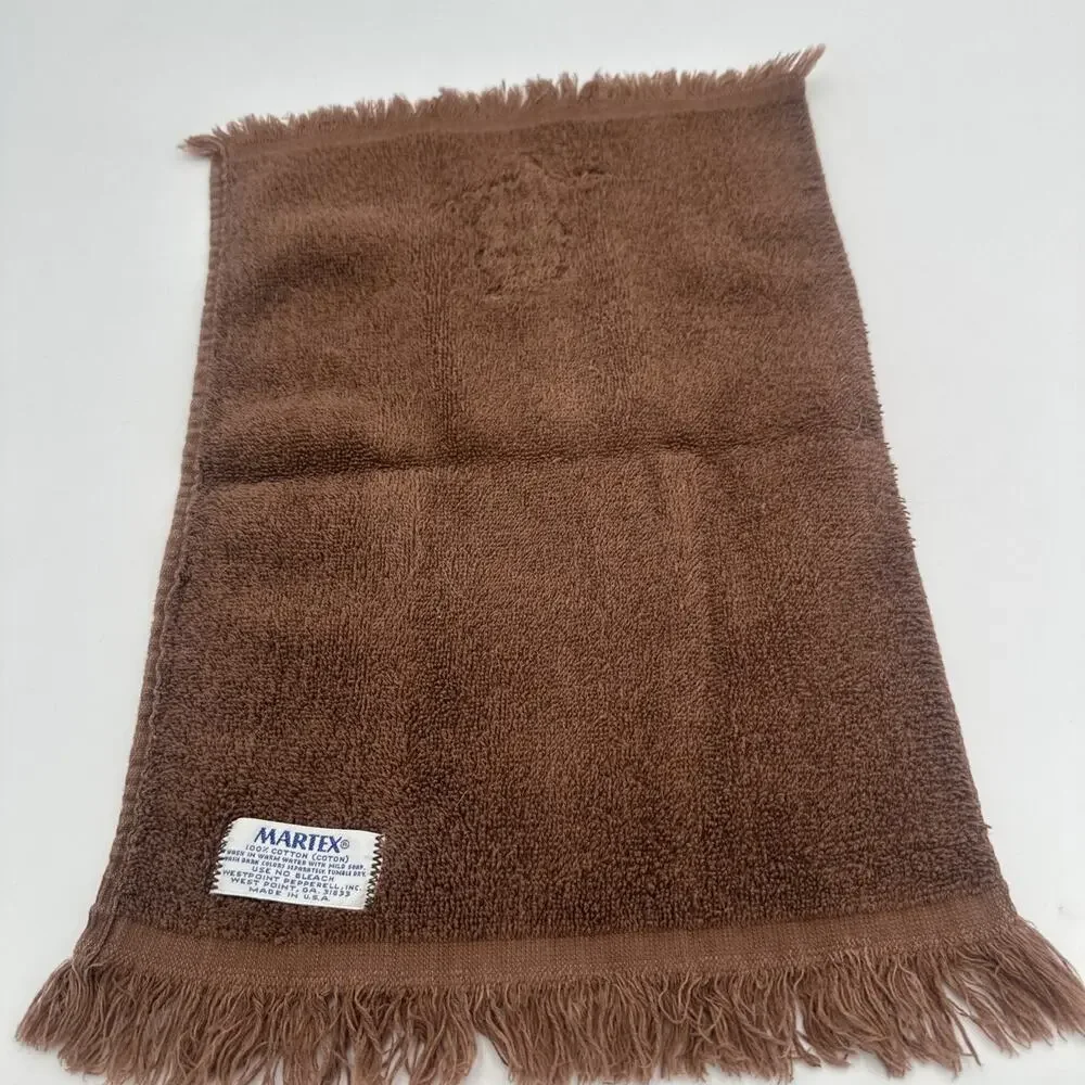 2 Vintage Martex Hand Towels Fringe 100% Cotton Brown Yellow Owls